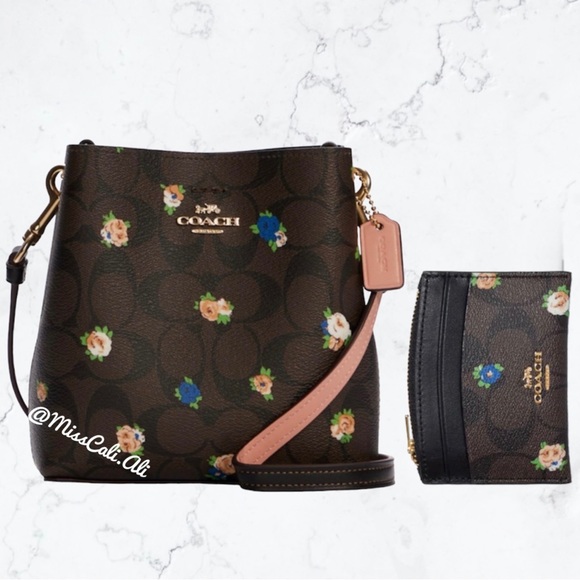 NWT COACH Mini Town Bucket Bag Signature Canvas Vintage Rose & Zipper Card Case - Picture 1 of 16